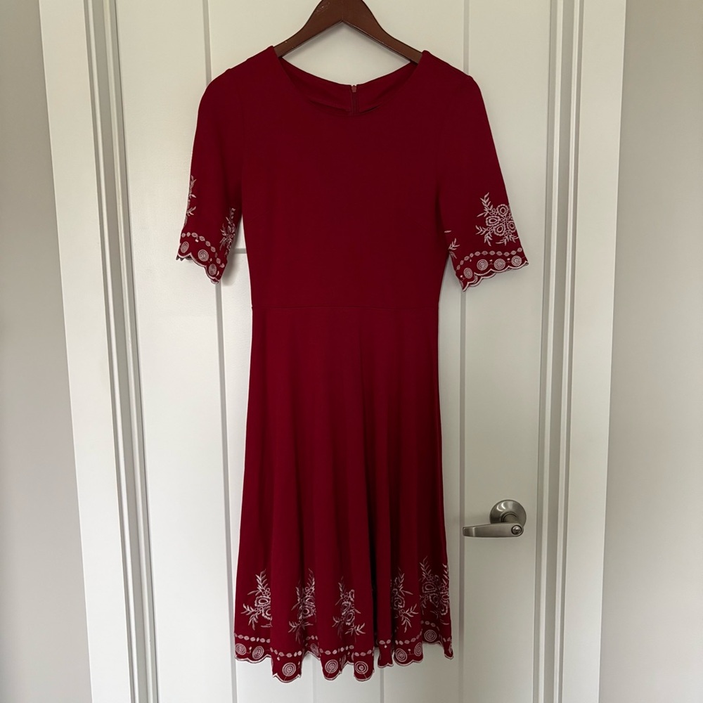 MIUSOL Deep Red Vintage Style Fit Flare Floral Embroidered Dress Size S Small